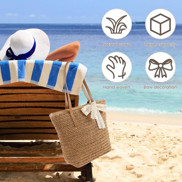 Straw Beach Bag Women Summer Tote Large Capacity Travel Handbag - Picture 3 of 7